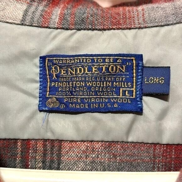 Pendleton Mens Long Plaid Wool Shirt Gray/Red Buttons & Pockets - Picture 2 of 4